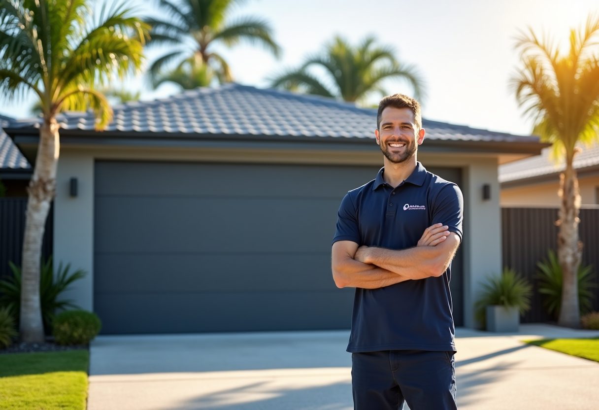 Technician beside a newly installed sectional garage door — Upper Coomera