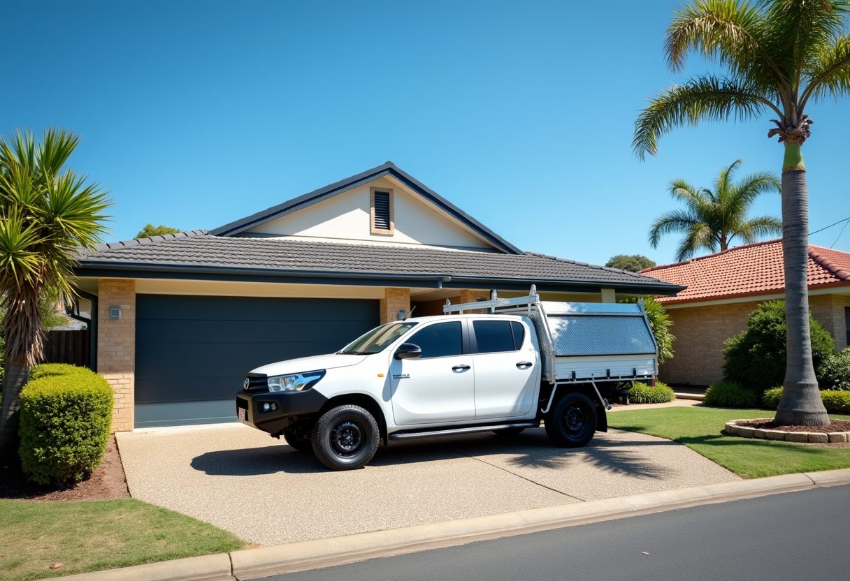 Technician ute in a driveway with a new garage door — Upper Coomera
